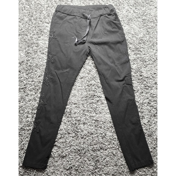 Selected Fashion Pants - Selected Fashion Womens Black Skinny Pants Embroidered Sequin Applique Size M